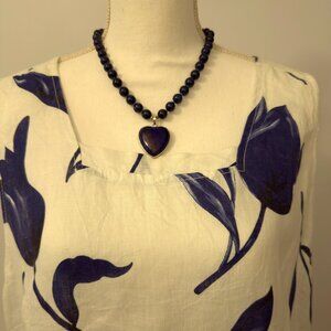 Italian Maxi Linen Dress Blue Floral Print on White